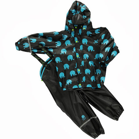 Elephant Print Rainwear Set (Jacket & Pants) in Black/Blue by CeLaVi