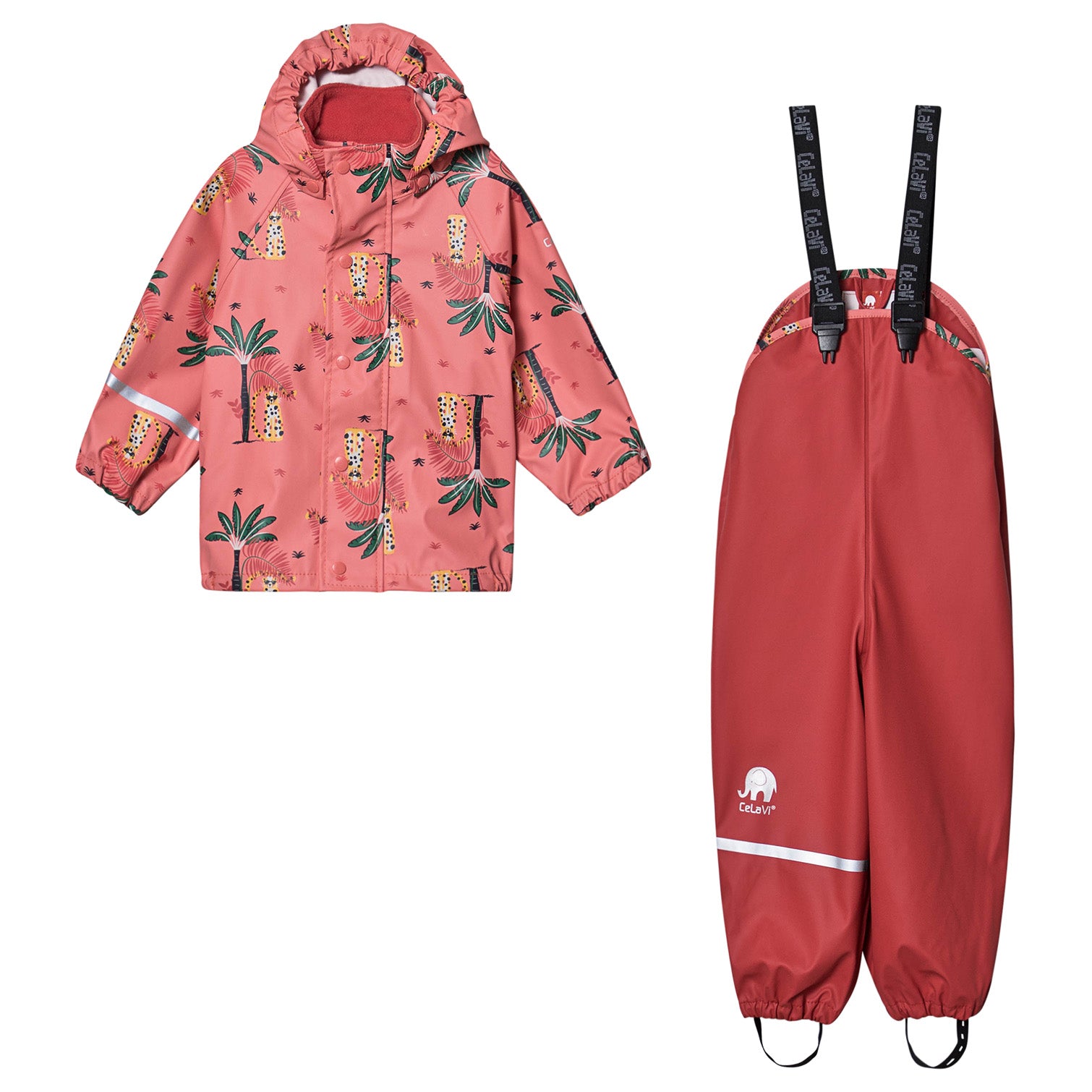 Rainwear set (Jacket & Pants) in Baked Apple Palm Print, by CeLaVi