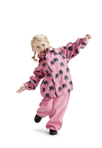 Elephant Print Rainwear Set (Jacket & Pants) in Pink/black, by CeLaVi