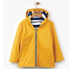 Front View of Yellow With Navy Stripe Lining Hatley Raincoat