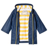 Opened view of Navy and Yellow Stripe Lining Hatley Rain Jacket